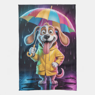 Dog in Yellow Raincoat with Rainbow Umbrella Tea Towel