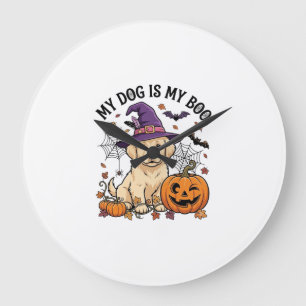 Dog Is Boo Halloween Witch Puppy Pumpkin_1 Large Clock