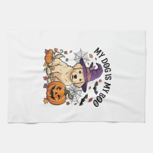 Dog Is Boo Halloween Witch Puppy Pumpkin_1 Tea Towel
