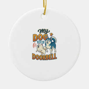 Dog Is Doorbell Barking White Blue_1 Ceramic Tree Decoration