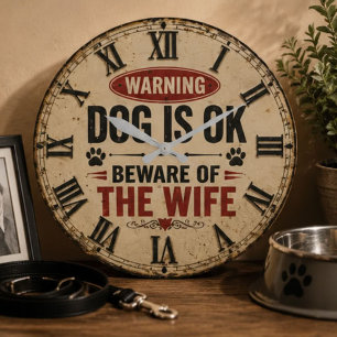 Dog Is OK Beware of the Wife Funny Large Clock