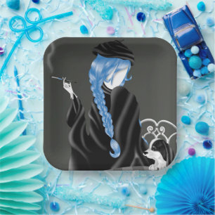 Dog & Lady at café Blue Hair Paper Plate