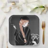 Dog & Lady at café Brown Hair  Paper Plate