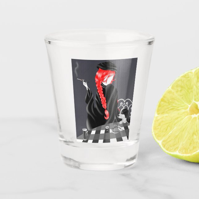 Dog & Lady at French café  Shot Glass (Front)