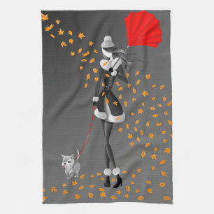 Dog & Lady Autumn Leaves Black Tea Towel