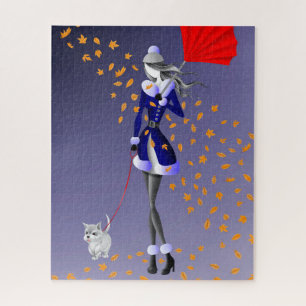 Dog & Lady Autumn Leaves Blue Jigsaw Puzzle