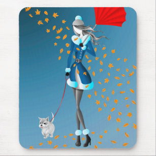 Dog & Lady Autumn Leaves Blue Mouse pad