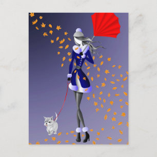 Dog & Lady Autumn Leaves Blue Postcard