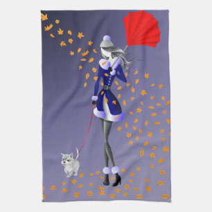 Dog & Lady Autumn Leaves Blue Tea Towel