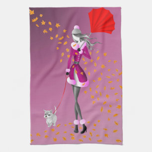 Dog & Lady Autumn Leaves Pink Tea Towel