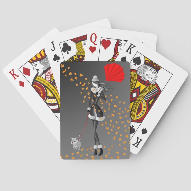 Dog & Lady Autumn Leaves  Playing Cards (Back)