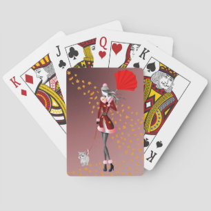 Dog & Lady Autumn Leaves  Playing Cards