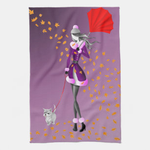 Dog & Lady Autumn Leaves Purple Tea Towel