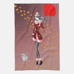 Dog & Lady Autumn Leaves Red Tea Towel