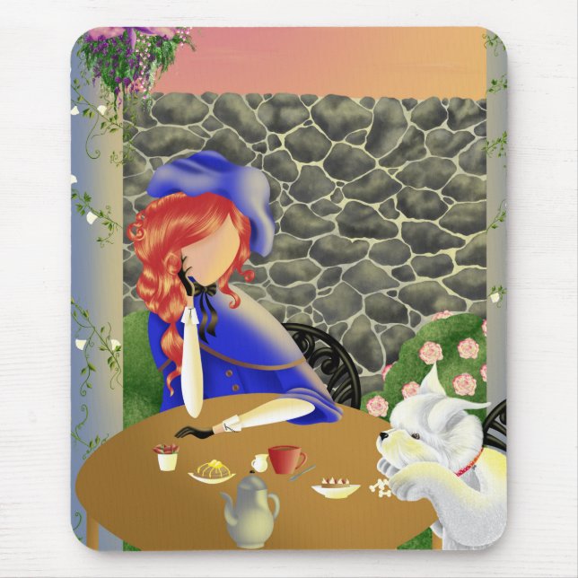 Dog & Lady in Cafe at Sunset Mouse Mat (Front)