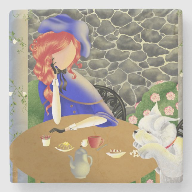 Dog & Lady in Café at Sunset Stone Coaster (Front)