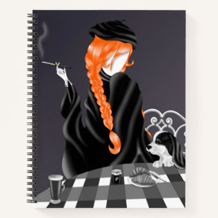 Dog & Lady in French café Orange Notebook