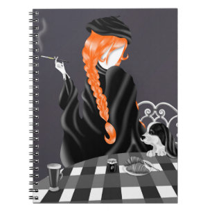 Dog & Lady in French café orange Notebook
