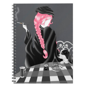 Dog & Lady in French café pink Notebook