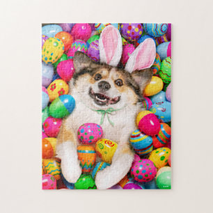Dog Laying on Easter Eggs Jigsaw Puzzle