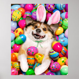 Dog Laying on Easter Eggs Poster