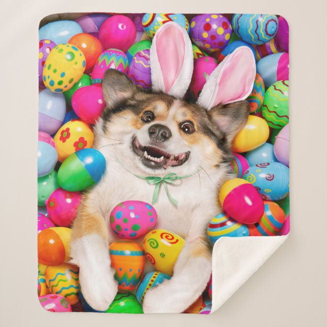 Dog Laying on Easter Eggs Sherpa Blanket (Front)