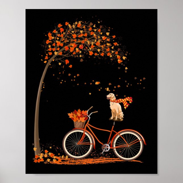 Dog Leaf Fall Autumn Cycling Fun Golden Retriever  Poster (Front)