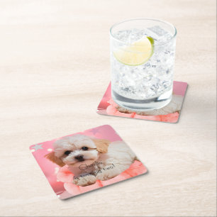 Dog Let's Party Birthday Square Paper Coaster