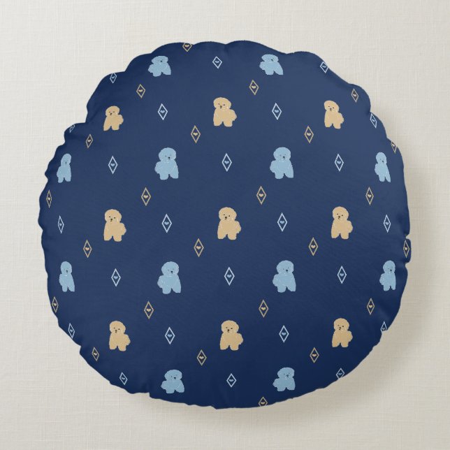 Dog Lhasa Apso pattern blue background Round Cushion (Front)
