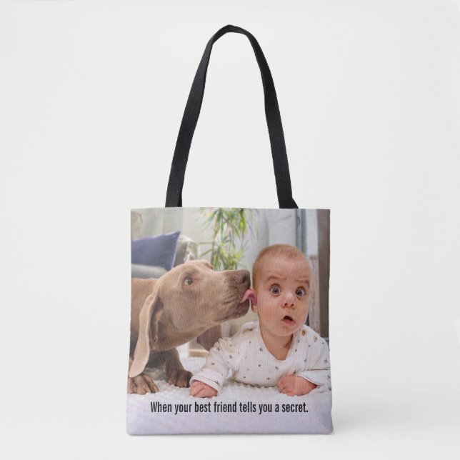 Dog Licking Baby's Ear Tote Bag (Front)