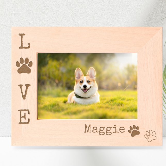 Dog LOVE Paw Print Modern Personalised Photo Etched Frames (Personalized LOVE paw print photo frame.)