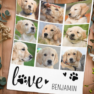 Dog LOVE Paw Print Personalised 9 Photo Collage Fleece Blanket