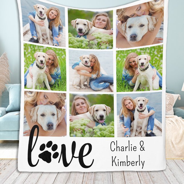Dog LOVE Personalised Pet 9 Photo Collage Fleece Blanket (Creator Uploaded)