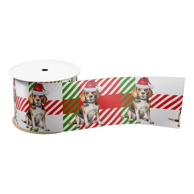 Dog Lover Beagle Red Green Plaid Christmas Satin Ribbon (Spool)