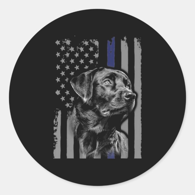 Dog Lover | Black Labrador American Flag Thin Line Classic Round Sticker (Front)