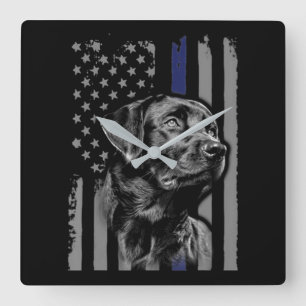 Dog Lover   Black Labrador American Flag Thin Line Square Wall Clock