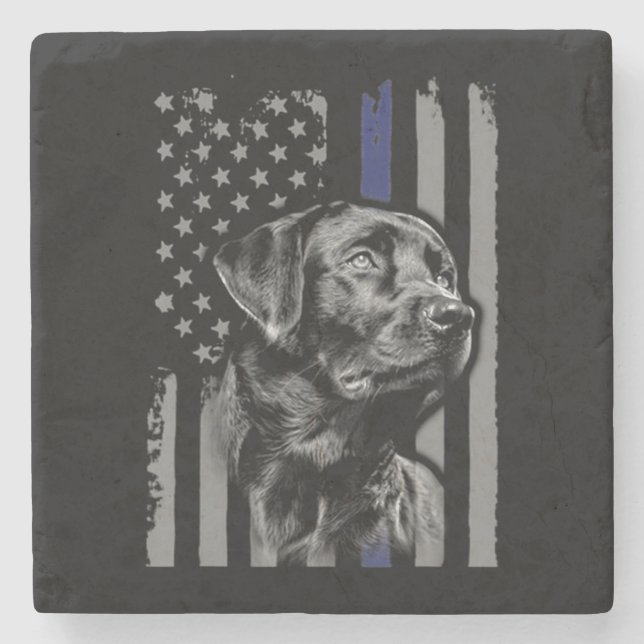 Dog Lover | Black Labrador American Flag Thin Line Stone Coaster (Front)