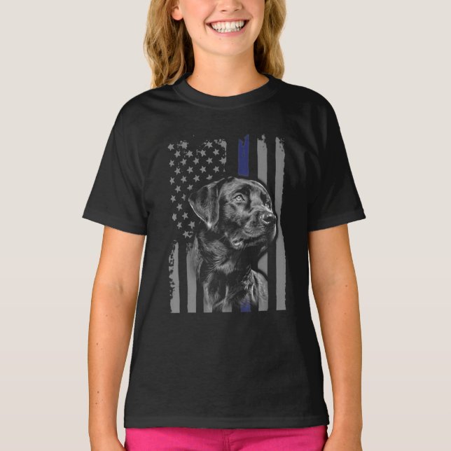 Dog Lover | Black Labrador American Flag Thin Line T-Shirt (Front)