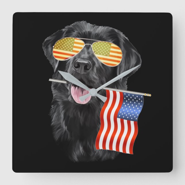 Dog Lover | Black Labrador USA American Flag Square Wall Clock (Front)