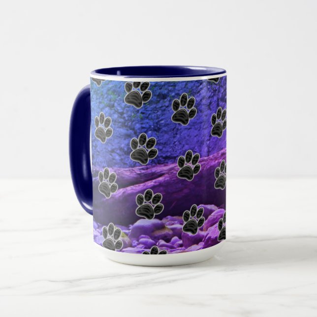 Dog Lover Blue Purple Clouds Black Puppy Paw Print Mug (Front Left)