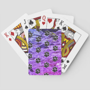 Dog Lover Blue Purple Clouds Black Puppy Paw Print Playing Cards