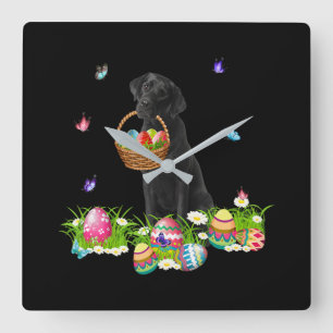Dog Lover Bunny Black Labrador Dog & Easter Eggs Square Wall Clock