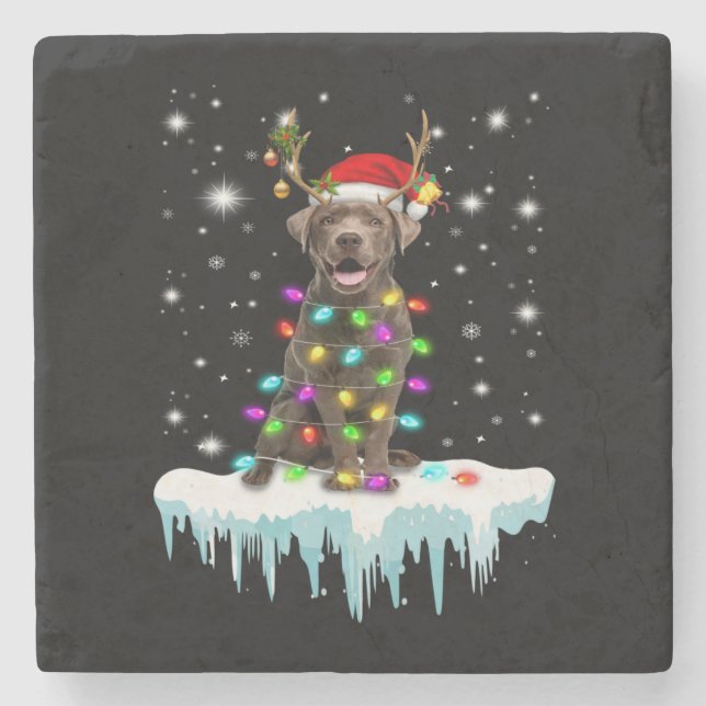 Dog Lover | Chocolate Labrador Christmas Light Stone Coaster (Front)