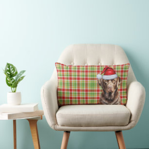 Dog Lover Chocolate Labrador Red Plaid Holiday Lumbar Cushion