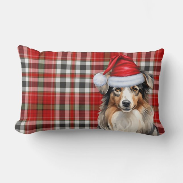 Dog Lover Christmas Australian Shepherd Red Plaid Lumbar Cushion (Front)
