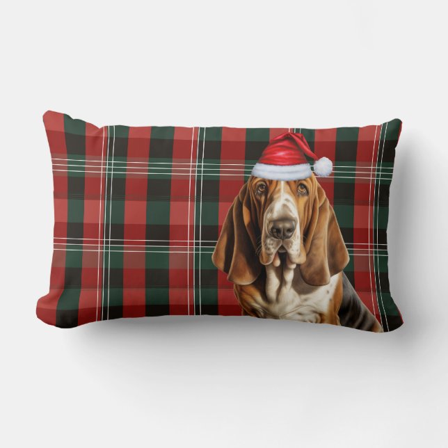 Dog Lover Christmas Basset Hound Holiday Plaid Lumbar Cushion (Front)