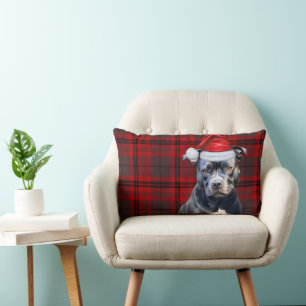 Dog Lover Christmas Bluenose Pitbull Holiday Plaid Lumbar Cushion