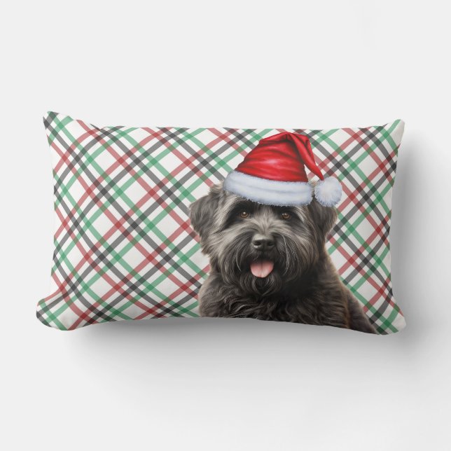 Dog Lover Christmas Bouvier Dog and Holiday Plaid Lumbar Cushion (Front)