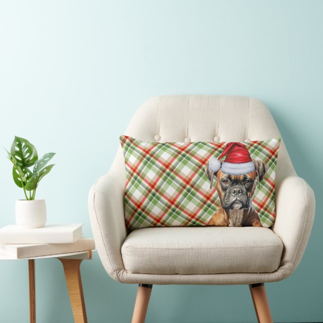 Dog Lover Christmas Boxer Dog and Holiday Plaid Lumbar Cushion (Chair)
