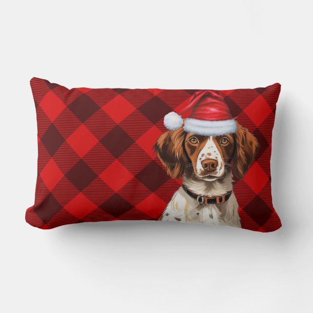 Dog Lover Christmas Brittany Spaniel Holiday Plaid Lumbar Cushion (Front)